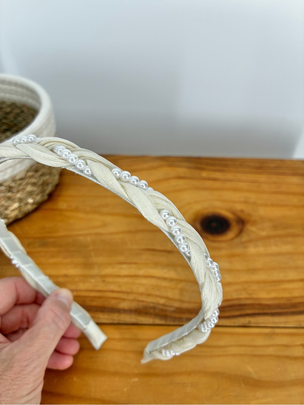 Boutique White Organza Braided Pearl Accent Twist High Crown Skinny Headband